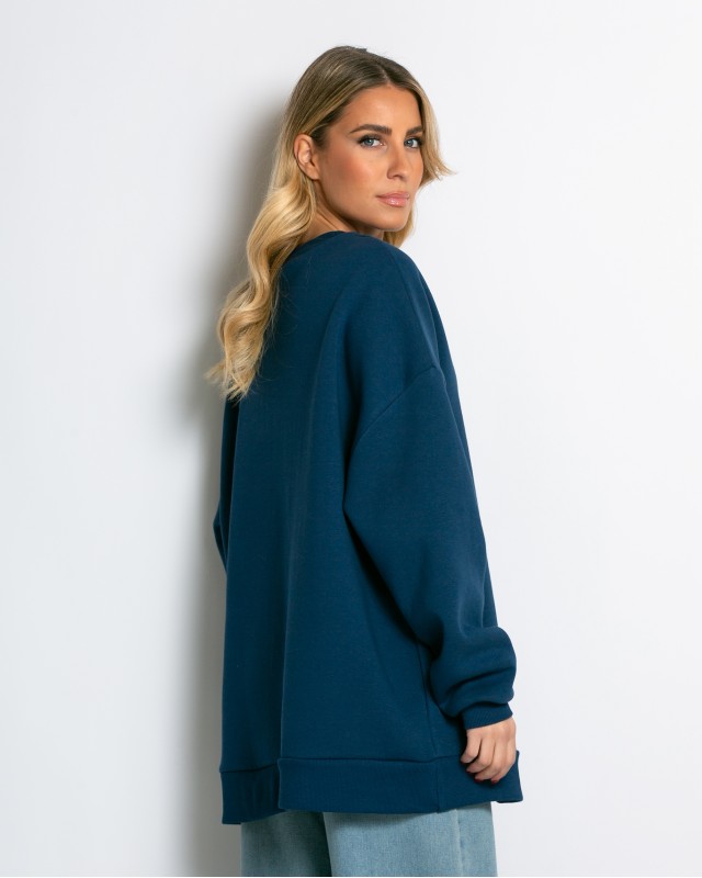 Μπλούζα φούτερ χνούδι oversized με κλειστή λαιμόκοψη ίντιγκο
