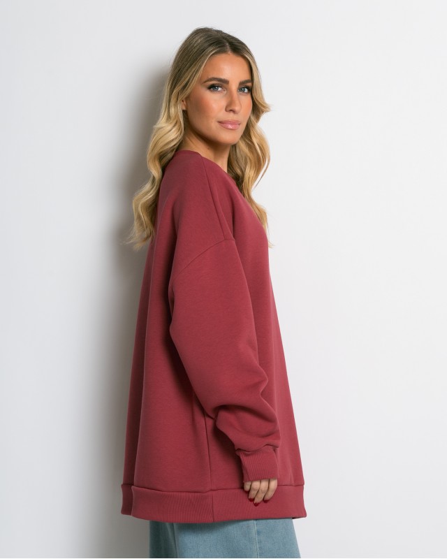 Μπλούζα φούτερ χνούδι oversized με κλειστή λαιμόκοψη cherry