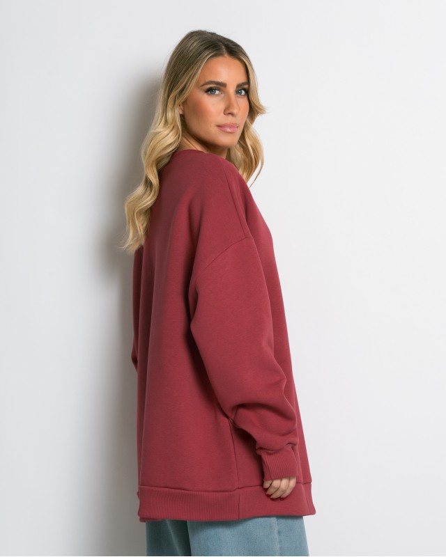 Μπλούζα φούτερ χνούδι oversized με κλειστή λαιμόκοψη cherry