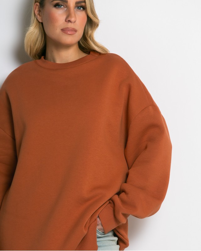Μπλούζα φούτερ χνούδι oversized με κλειστή λαιμόκοψη cinnamon