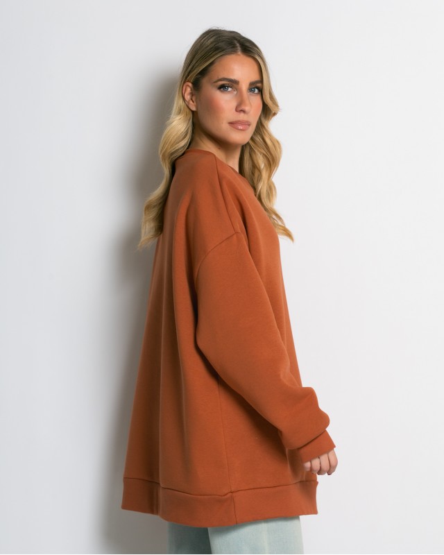 Μπλούζα φούτερ χνούδι oversized με κλειστή λαιμόκοψη cinnamon