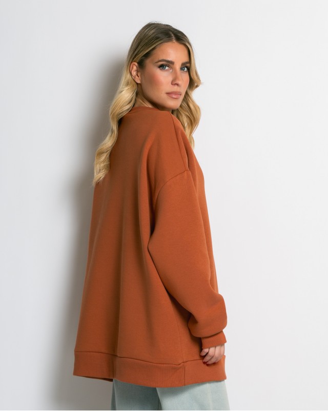 Μπλούζα φούτερ χνούδι oversized με κλειστή λαιμόκοψη cinnamon