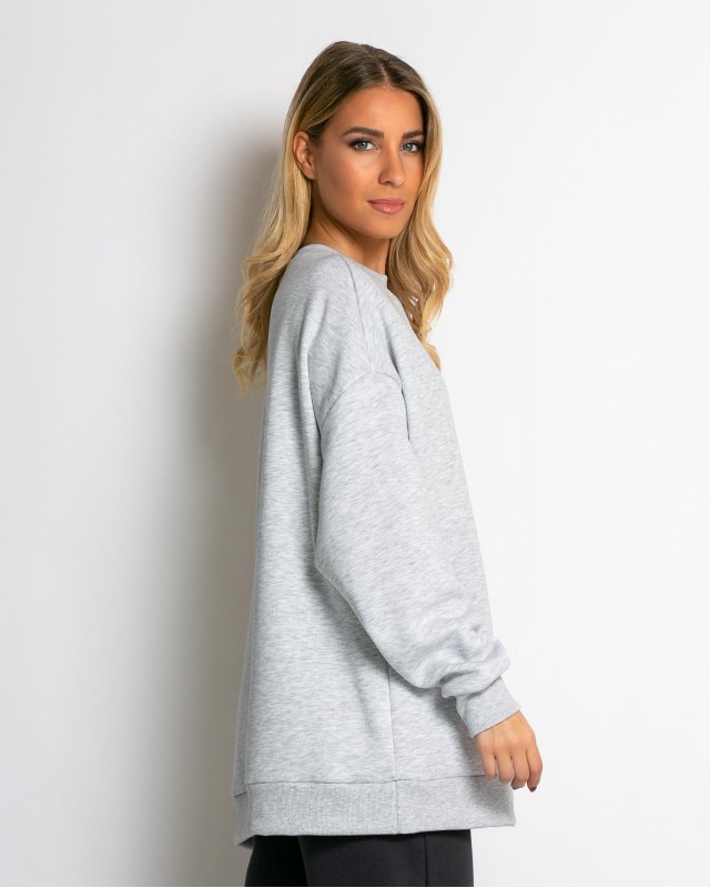 Μπλούζα φούτερ χνούδι oversized με κλειστή λαιμόκοψη γκρι μελανζέ