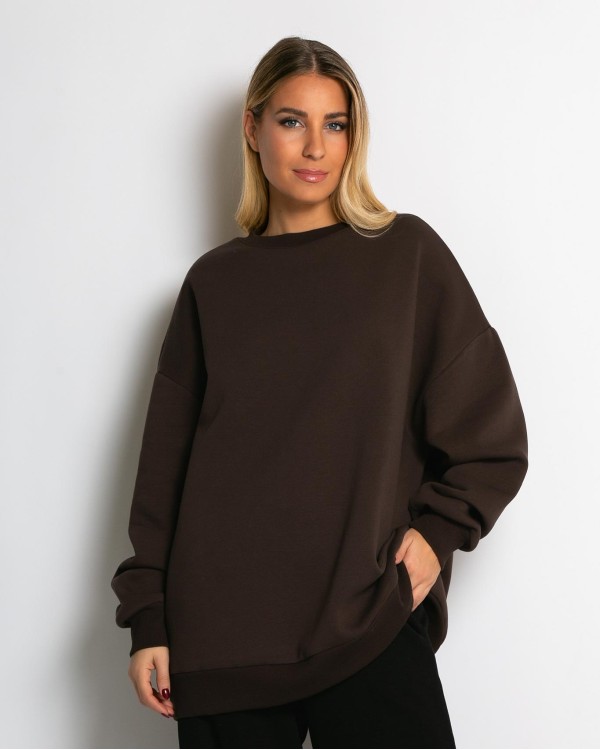Μπλούζα φούτερ χνούδι oversized με κλειστή λαιμόκοψη καφέ