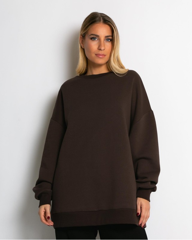 Μπλούζα φούτερ χνούδι oversized με κλειστή λαιμόκοψη καφέ