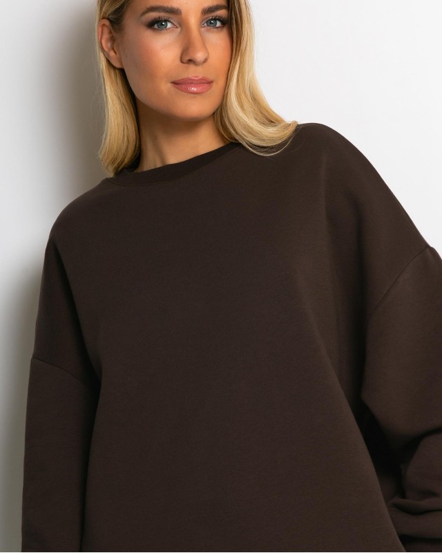 Μπλούζα φούτερ χνούδι oversized με κλειστή λαιμόκοψη καφέ