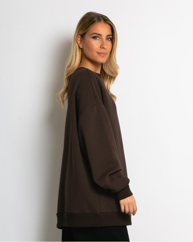 Μπλούζα φούτερ χνούδι oversized με κλειστή λαιμόκοψη καφέ