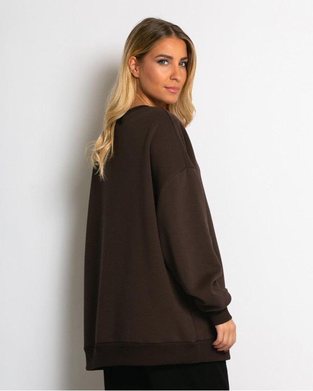 Μπλούζα φούτερ χνούδι oversized με κλειστή λαιμόκοψη καφέ