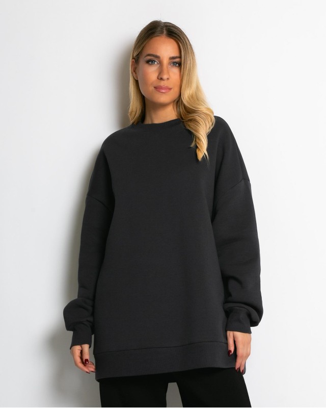 Μπλούζα φούτερ χνούδι oversized με κλειστή λαιμόκοψη ανθρακί