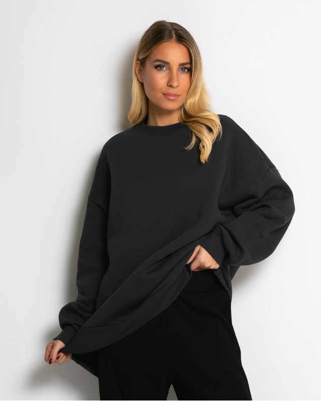 Μπλούζα φούτερ χνούδι oversized με κλειστή λαιμόκοψη ανθρακί