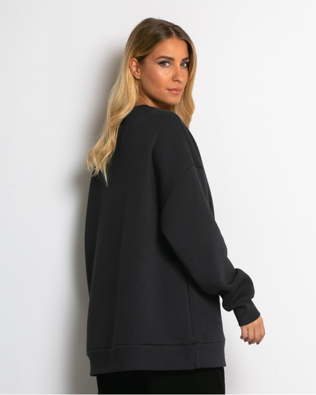 Μπλούζα φούτερ χνούδι oversized με κλειστή λαιμόκοψη ανθρακί