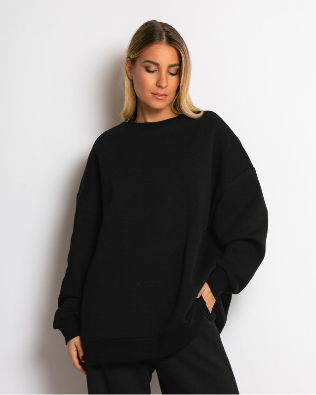 Μπλούζα φούτερ χνούδι oversized με κλειστή λαιμόκοψη μαύρο