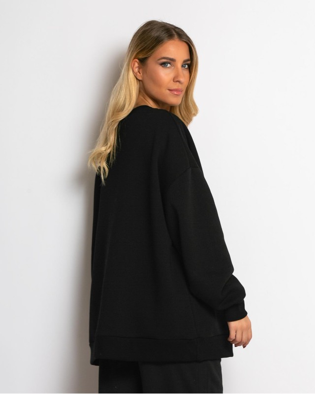 Μπλούζα φούτερ χνούδι oversized με κλειστή λαιμόκοψη μαύρο