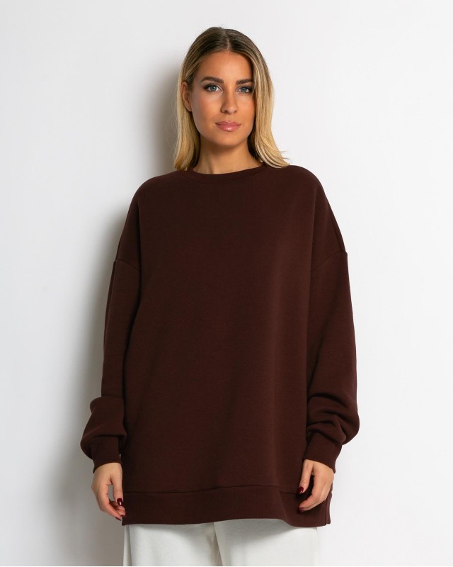 Μπλούζα φούτερ χνούδι oversized με κλειστή λαιμόκοψη βουργουνδί