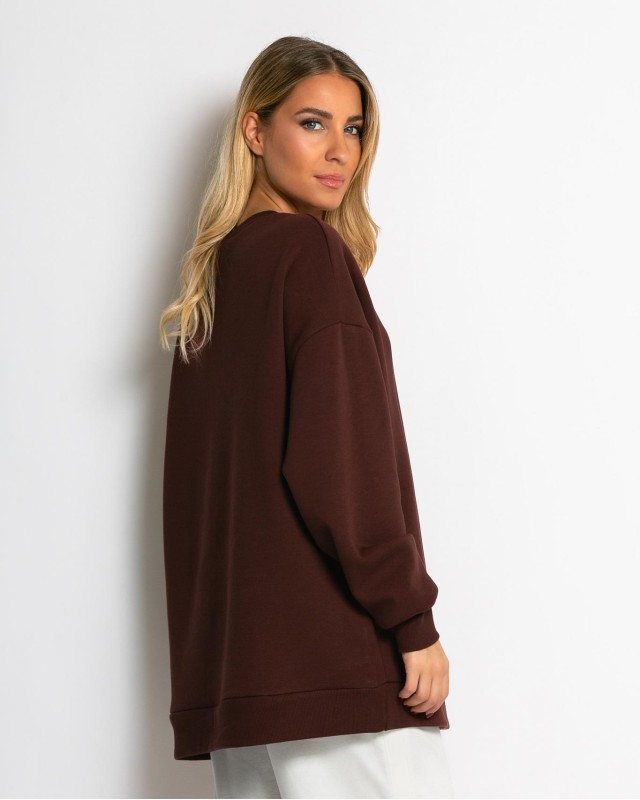 Μπλούζα φούτερ χνούδι oversized με κλειστή λαιμόκοψη βουργουνδί