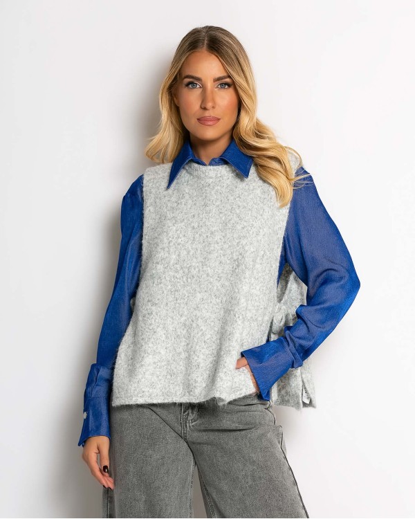 Αμάνικη πλεκτή μπλούζα με δέσιμο στο πλάι μπεζ