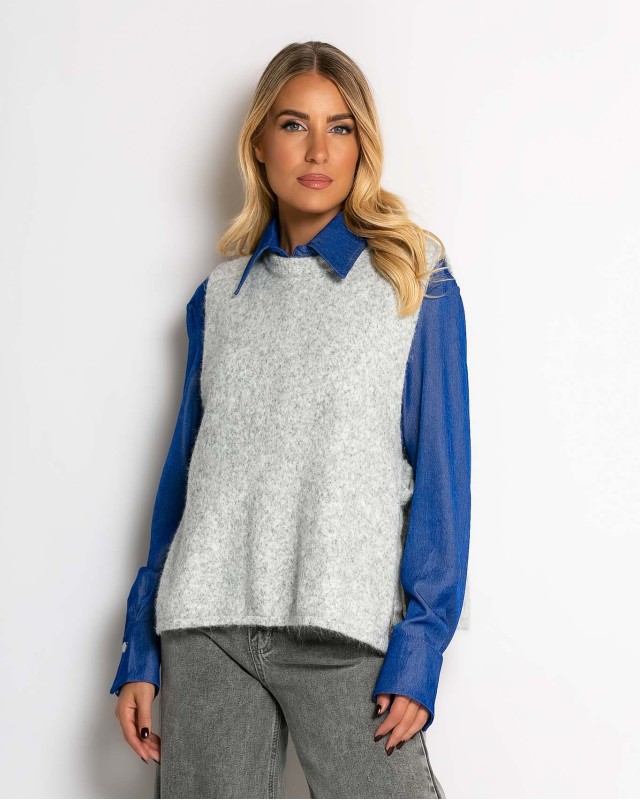 Αμάνικη πλεκτή μπλούζα με δέσιμο στο πλάι γκρι