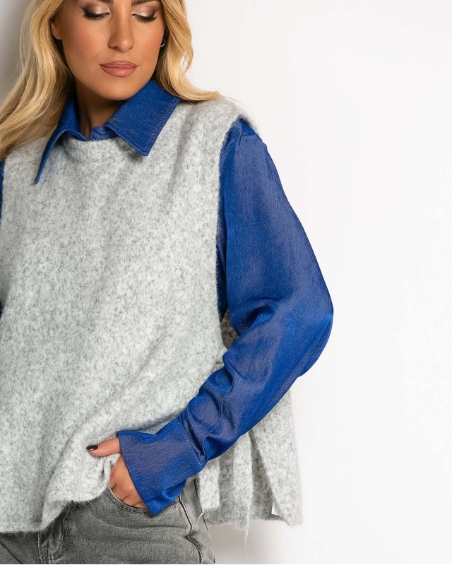 Αμάνικη πλεκτή μπλούζα με δέσιμο στο πλάι γκρι