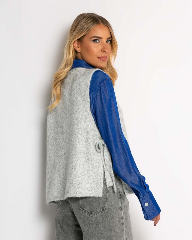 Αμάνικη πλεκτή μπλούζα με δέσιμο στο πλάι γκρι