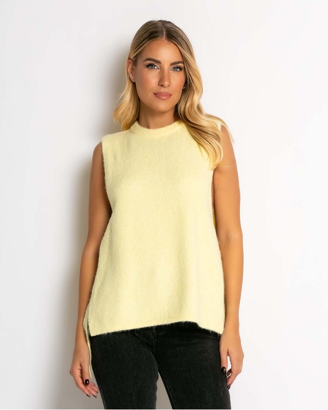 Αμάνικη πλεκτή μπλούζα με δέσιμο στο πλάι κίτρινο