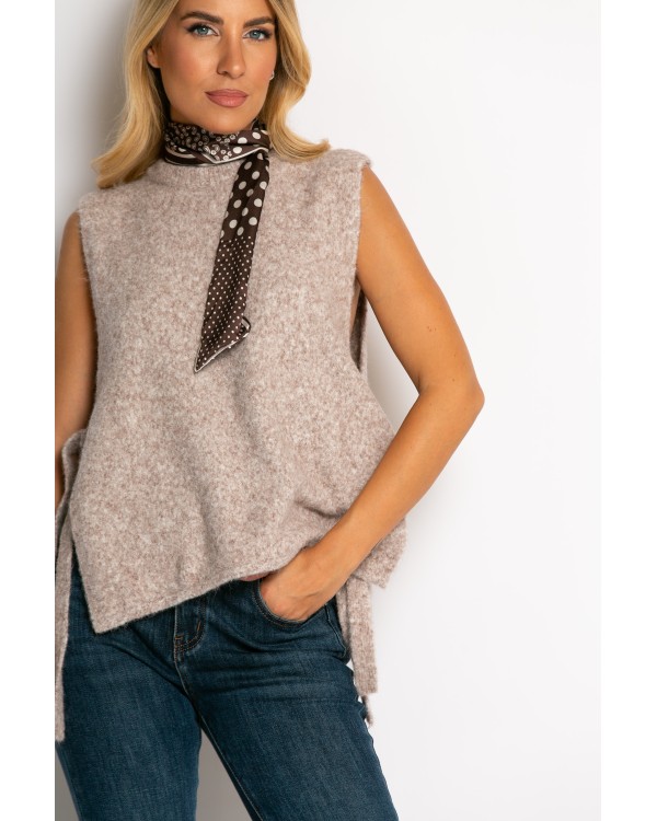 Αμάνικη πλεκτή μπλούζα με δέσιμο στο πλάι μπεζ