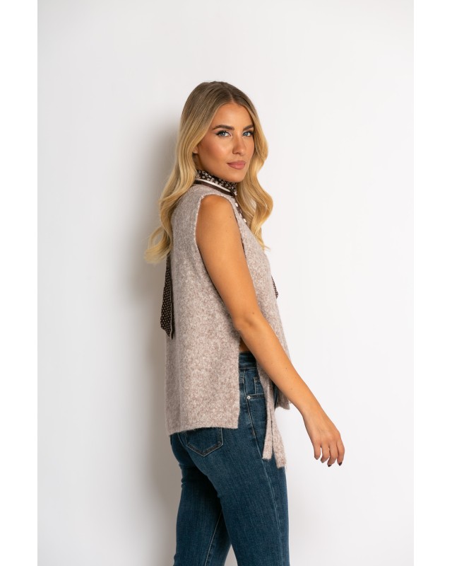 Αμάνικη πλεκτή μπλούζα με δέσιμο στο πλάι μπεζ