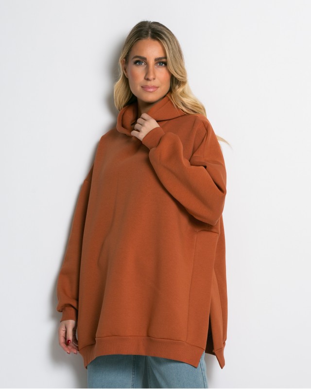 Μπλούζα φούτερ χνούδι μακρυμάνικη oversized με άνοιγμα στο πλάι cinnamon