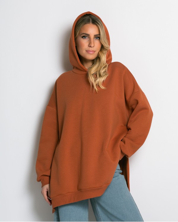Μπλούζα φούτερ χνούδι μακρυμάνικη oversized με άνοιγμα στο πλάι γκρι μελανζέ