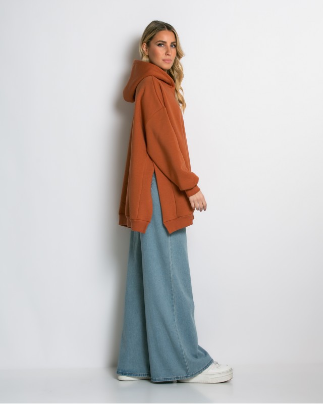 Μπλούζα φούτερ χνούδι μακρυμάνικη oversized με άνοιγμα στο πλάι cinnamon