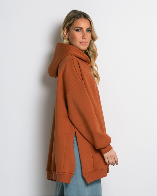 Μπλούζα φούτερ χνούδι μακρυμάνικη oversized με άνοιγμα στο πλάι cinnamon