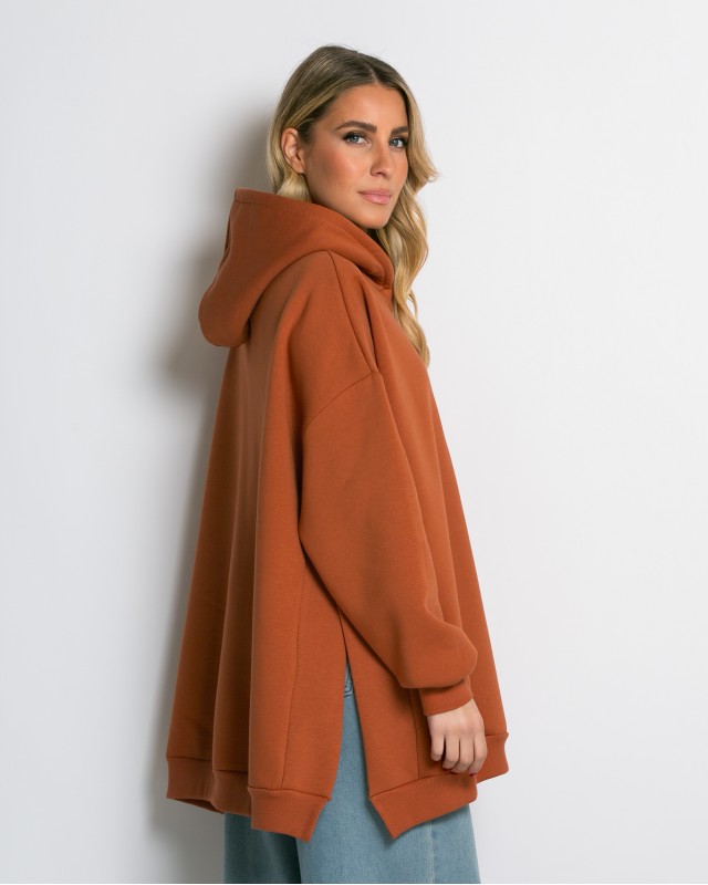 Μπλούζα φούτερ χνούδι μακρυμάνικη oversized με άνοιγμα στο πλάι cinnamon