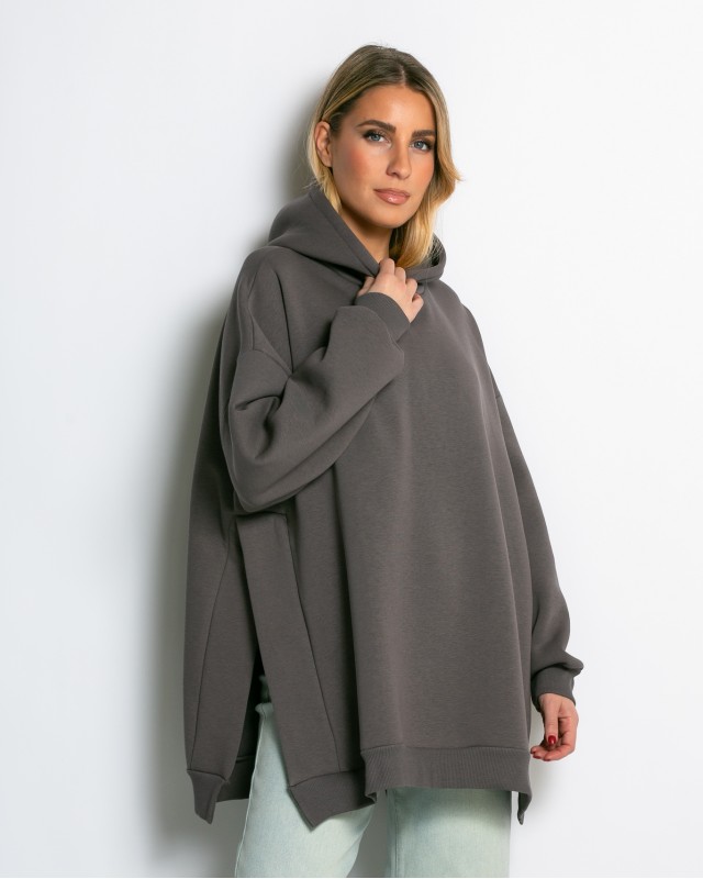 Μπλούζα φούτερ χνούδι μακρυμάνικη oversized με άνοιγμα στο πλάι πούρο