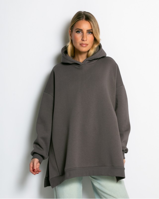 Μπλούζα φούτερ χνούδι μακρυμάνικη oversized με άνοιγμα στο πλάι πούρο
