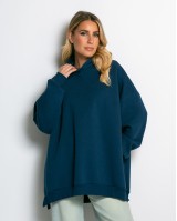 Μπλούζα φούτερ χνούδι μακρυμάνικη oversized με άνοιγμα στο πλάι ίντιγκο