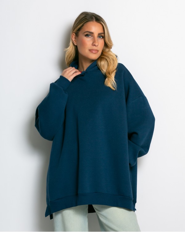 Μπλούζα φούτερ χνούδι μακρυμάνικη oversized με άνοιγμα στο πλάι γκρι μελανζέ