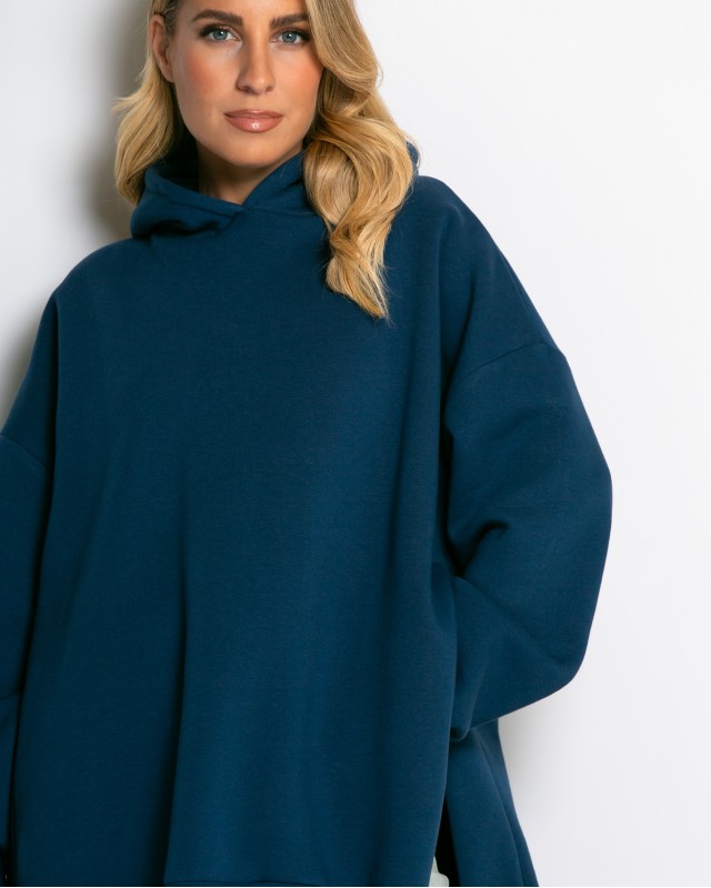 Μπλούζα φούτερ χνούδι μακρυμάνικη oversized με άνοιγμα στο πλάι ίντιγκο
