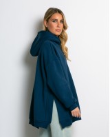 Μπλούζα φούτερ χνούδι μακρυμάνικη oversized με άνοιγμα στο πλάι ίντιγκο