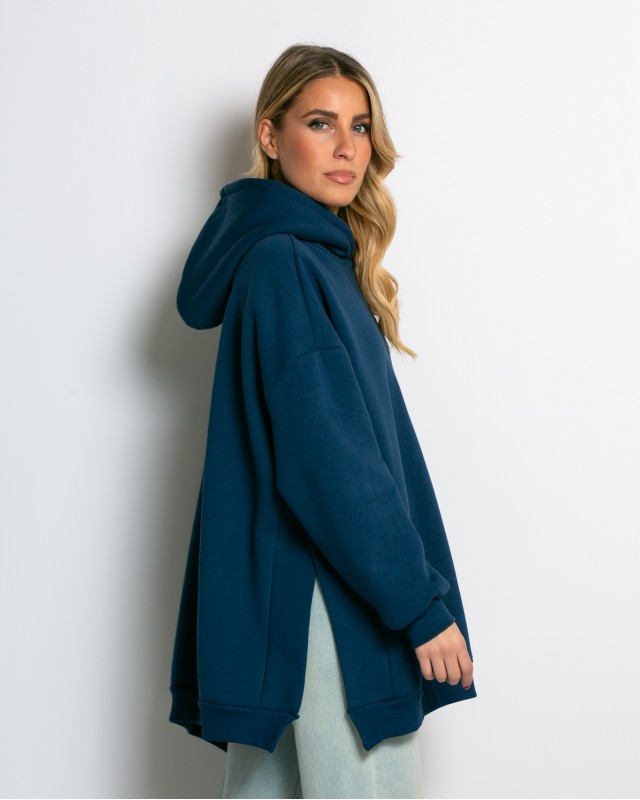 Μπλούζα φούτερ χνούδι μακρυμάνικη oversized με άνοιγμα στο πλάι ίντιγκο