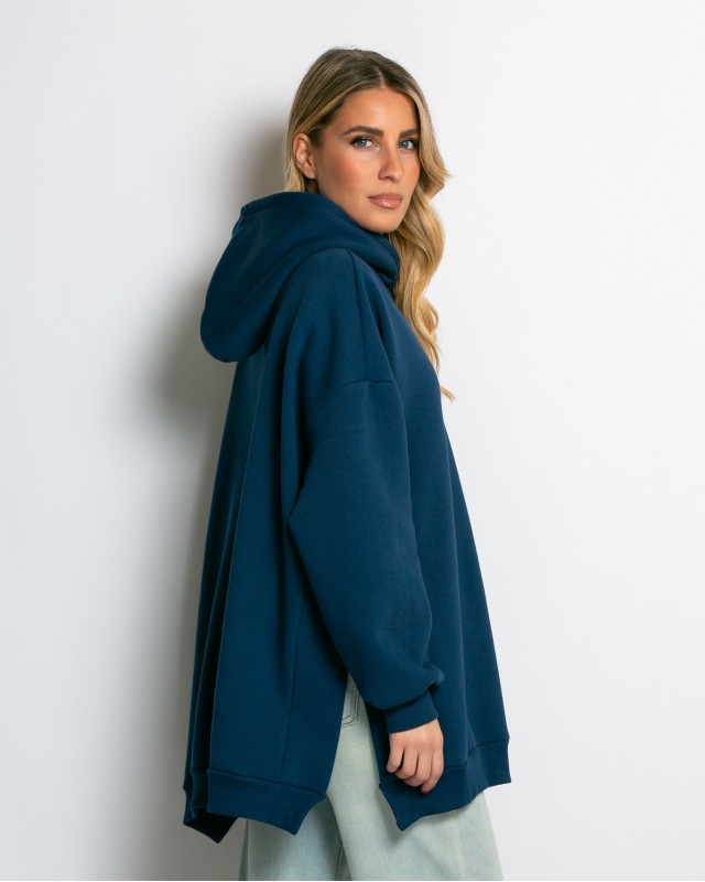 Μπλούζα φούτερ χνούδι μακρυμάνικη oversized με άνοιγμα στο πλάι ίντιγκο