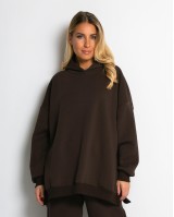 Μπλούζα φούτερ χνούδι μακρυμάνικη oversized με άνοιγμα στο πλάι καφέ