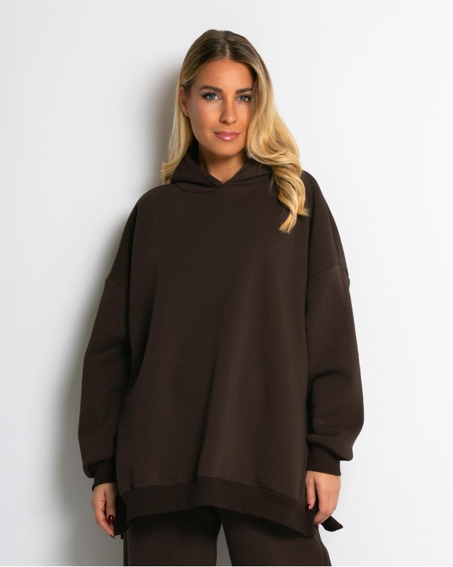 Μπλούζα φούτερ χνούδι μακρυμάνικη oversized με άνοιγμα στο πλάι καφέ