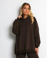 Μπλούζα φούτερ χνούδι μακρυμάνικη oversized με άνοιγμα στο πλάι καφέ
