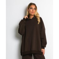 Μπλούζα φούτερ χνούδι μακρυμάνικη oversized με άνοιγμα στο πλάι καφέ