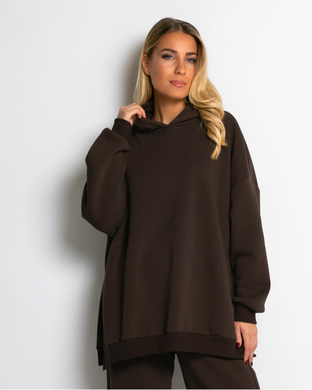Μπλούζα φούτερ χνούδι μακρυμάνικη oversized με άνοιγμα στο πλάι καφέ