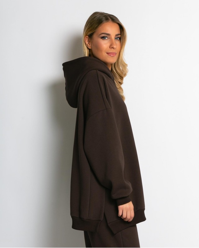 Μπλούζα φούτερ χνούδι μακρυμάνικη oversized με άνοιγμα στο πλάι καφέ