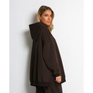 Μπλούζα φούτερ χνούδι μακρυμάνικη oversized με άνοιγμα στο πλάι καφέ