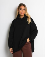Μπλούζα φούτερ χνούδι μακρυμάνικη oversized με άνοιγμα στο πλάι μαύρο