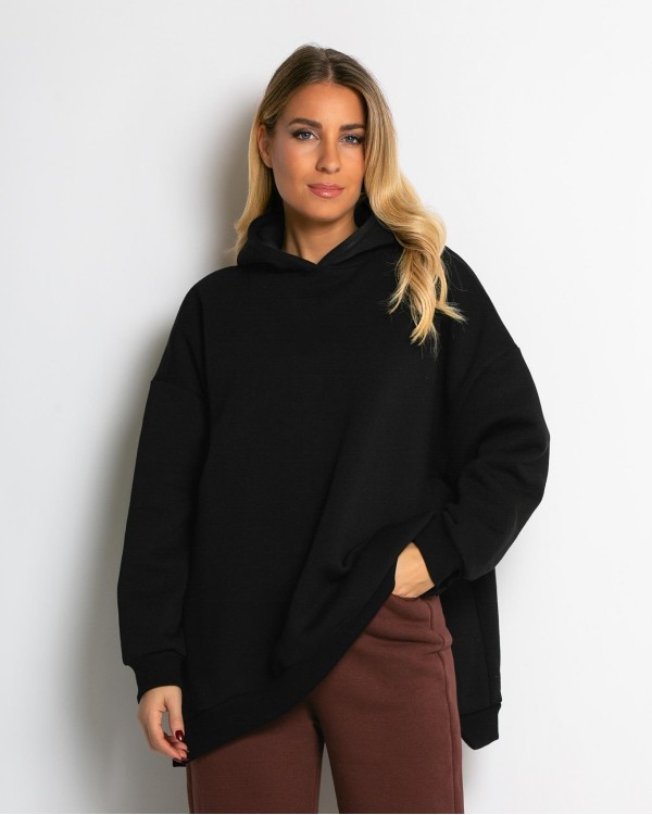 Μπλούζα φούτερ χνούδι μακρυμάνικη oversized με άνοιγμα στο πλάι καφέ