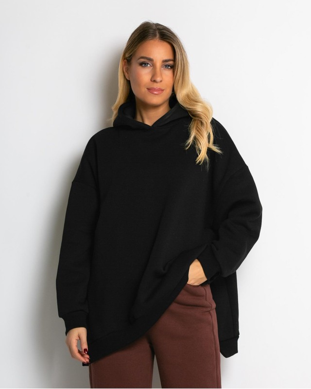 Μπλούζα φούτερ χνούδι μακρυμάνικη oversized με άνοιγμα στο πλάι μαύρο