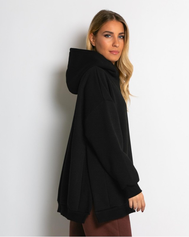 Μπλούζα φούτερ χνούδι μακρυμάνικη oversized με άνοιγμα στο πλάι μαύρο